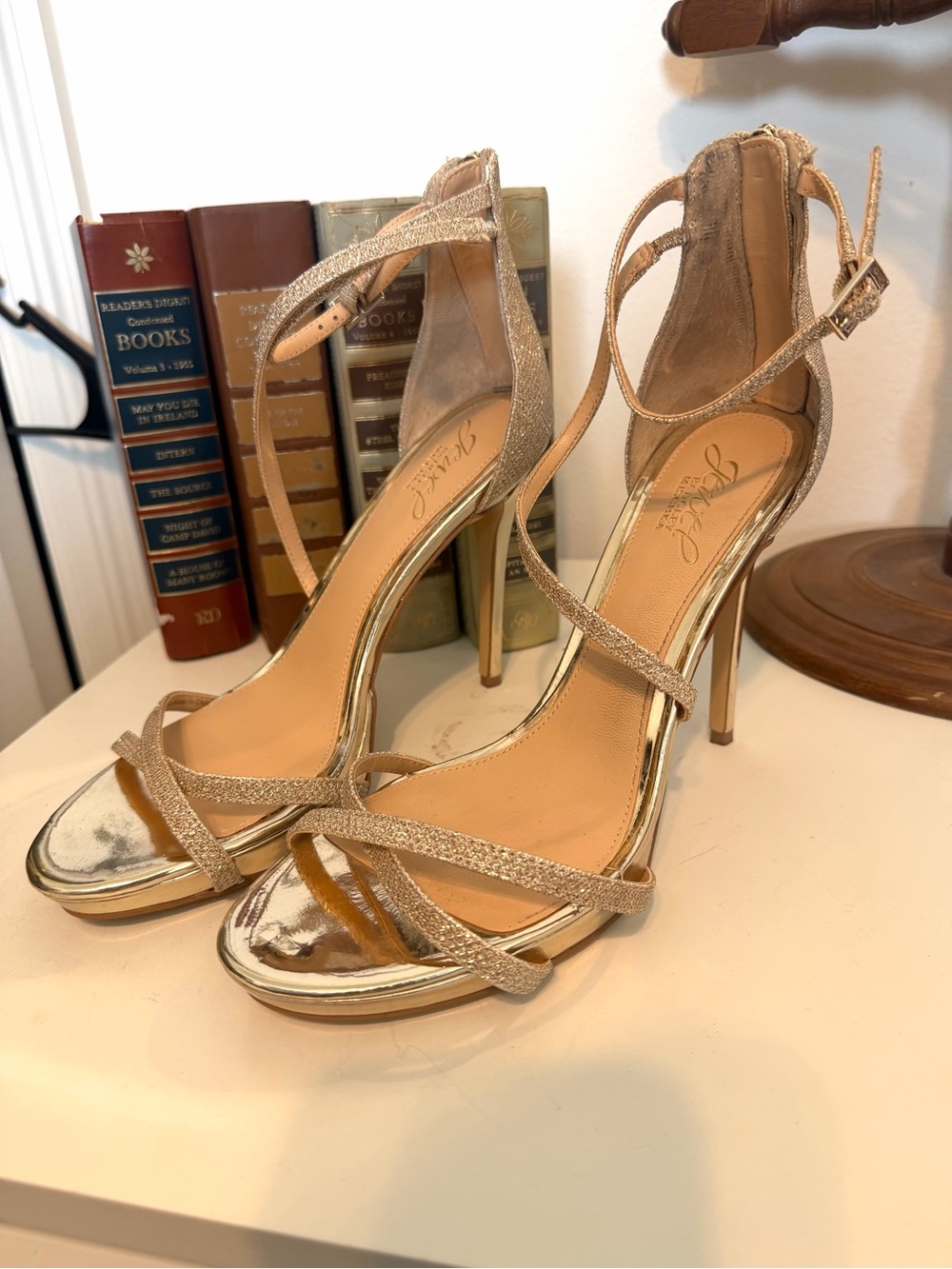 Jewel Badgley Mischka Glittery Gold Strappy Stiletto Sandals